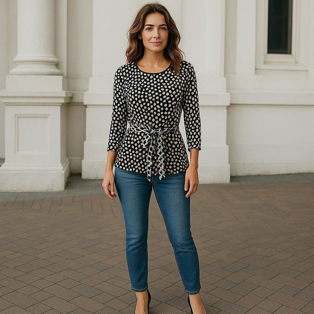 J Crew Womens 00 Black White Polka Dot Silk Long Sleeve Belted Top